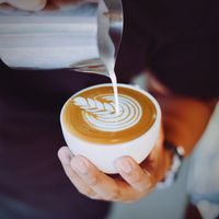 person-serving-cup-coffee-with-metal-jug